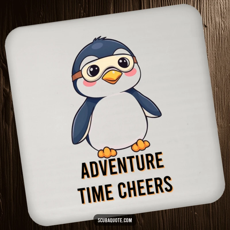 Funny drink coaster featuring a penguin in explorer attire, mask and fins, ready to embark on an adventure, protecting your surfaces.