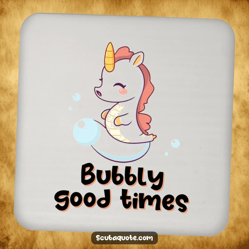 Funny seahorse coaster showing a tiny seahorse giggling on a bubble, adding underwater charm and humor to drink protection.