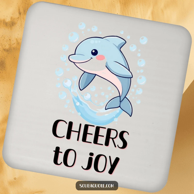 Funny drink coaster with a smiling dolphin leaping through bubbles, perfect for protecting surfaces with whimsical aquatic charm.
