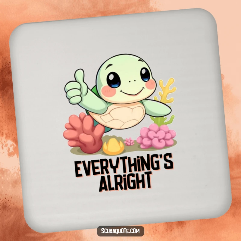 Funny coasters with a cheerful sea turtle giving a thumbs-up near coral, protecting tables with a positive vibe.