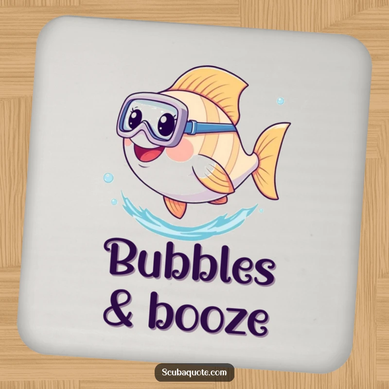 Funny drink coaster showing a joyful fish wearing a diving mask, kicking its tail as it swims through water.