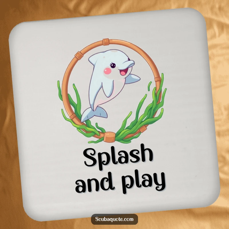 Funny coasters with a playful dolphin leaping through a seaweed hoop, protecting tables with a dynamic design.