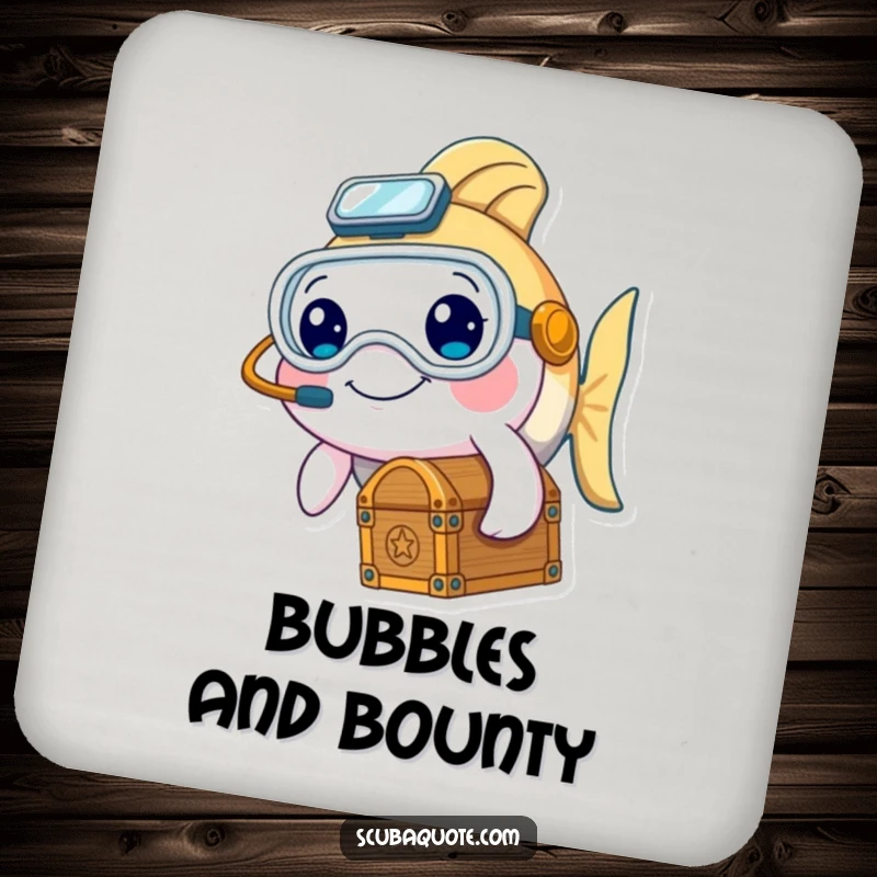 Funny coasters with a smiling fish character in diving gear holding a treasure chest, protecting tables with humor.