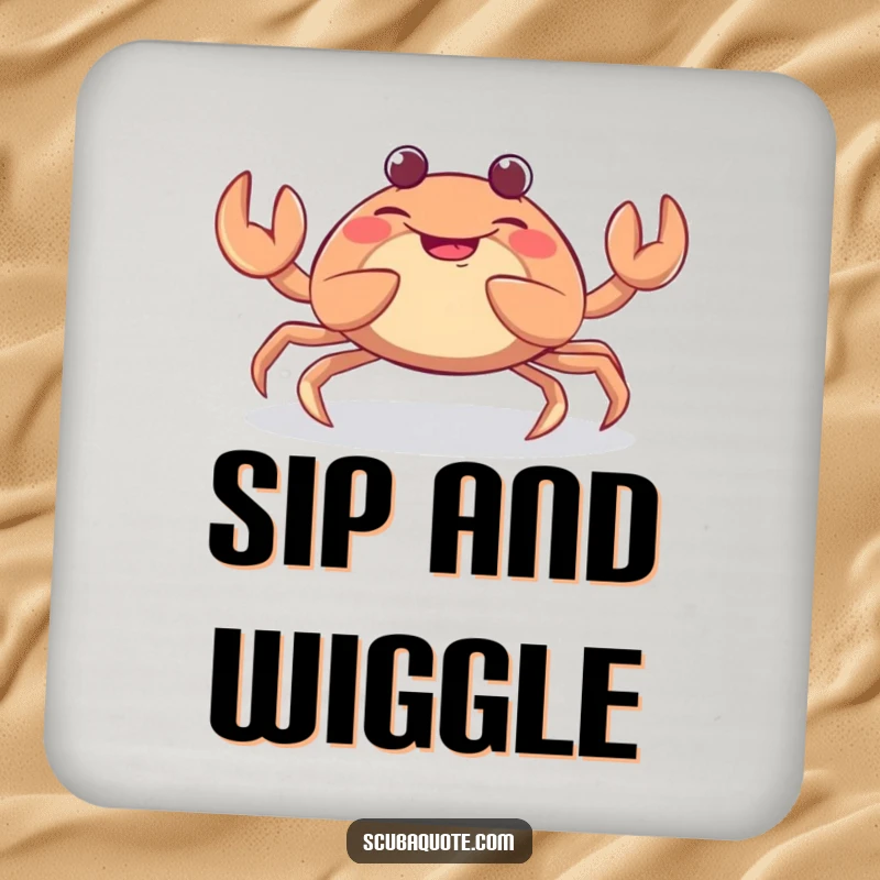 Funny coaster set showcasing a giggling crab with playfully wiggling claws, protecting surfaces with humorous charm and personality.