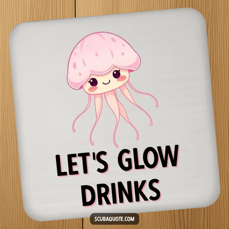 Funny smiling jellyfish trailing glowing tendrils on a drink coaster, adding a serene touch.