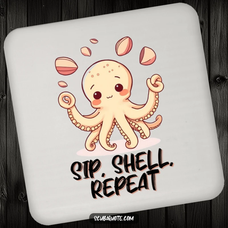 Funny Octopus Drink Coaster: A curious octopus is depicted juggling shiny shells, offering both protection and a smile.