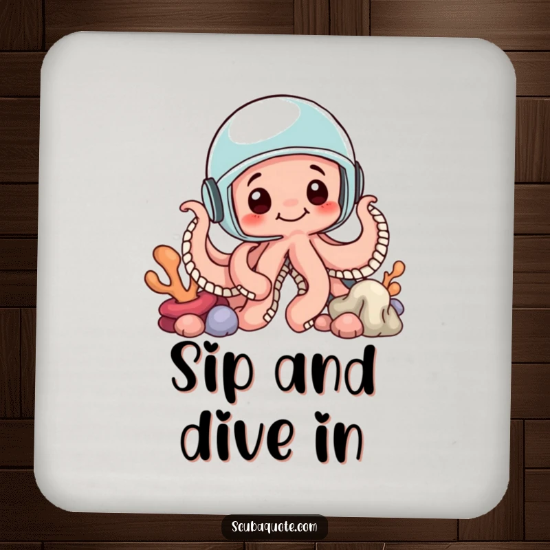 Funny drink coasters featuring a curious octopus wearing a helmet and hiding behind coral, adding a touch of whimsical ocean humor.