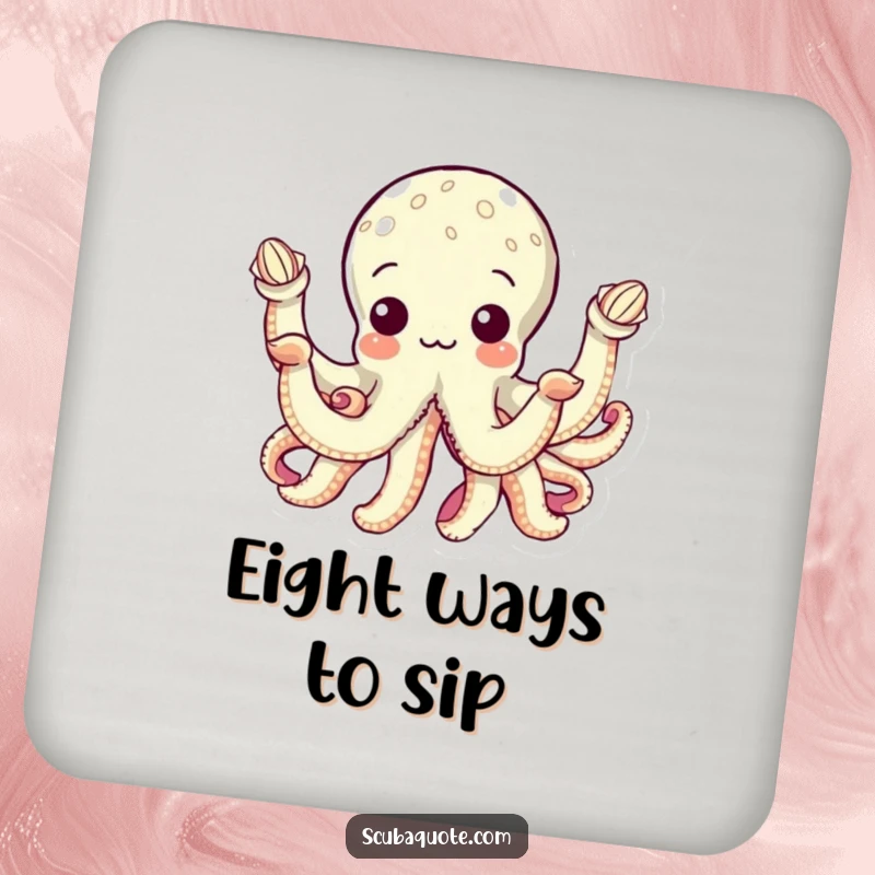 Funny drink coaster with a curious octopus holding seashells in its eight arms, perfect for protecting surfaces with whimsical oceanic charm.