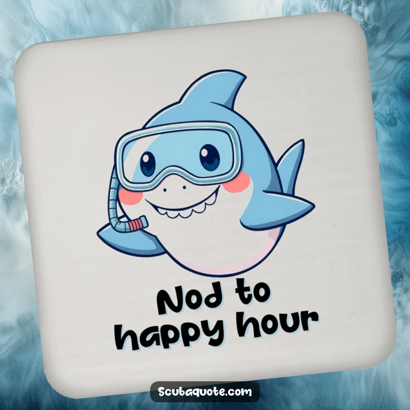 Funny shark drink coaster with a snorkel, smiling and nodding, offering drink protection and humor.