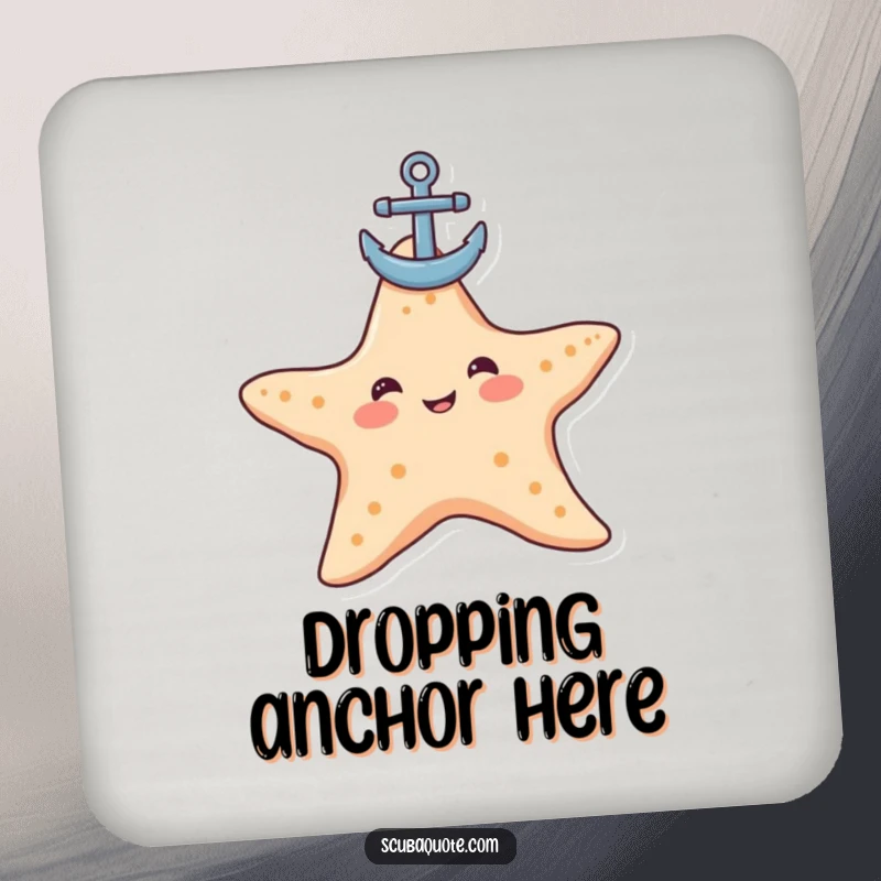 Funny starfish coaster showing a contented starfish balancing an anchor, perfect for protecting surfaces with coastal charm and humor.