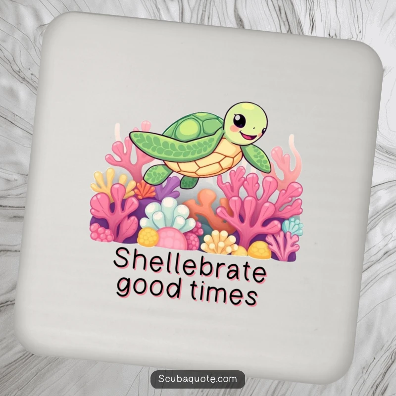 Funny drink coaster featuring a cheerful sea turtle swimming past colorful coral, safeguarding surfaces with humor.