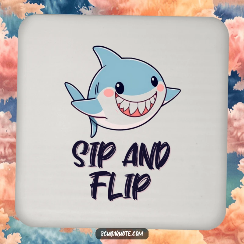 Funny coasters with a playful shark doing an underwater somersault with a friendly grin, adding fun and protection to tables.