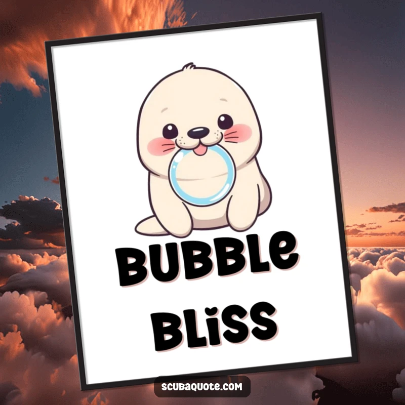 Funny seal poster featuring a cute pup blowing a bubble ring, bringing adorable marine humor and charm to walls.