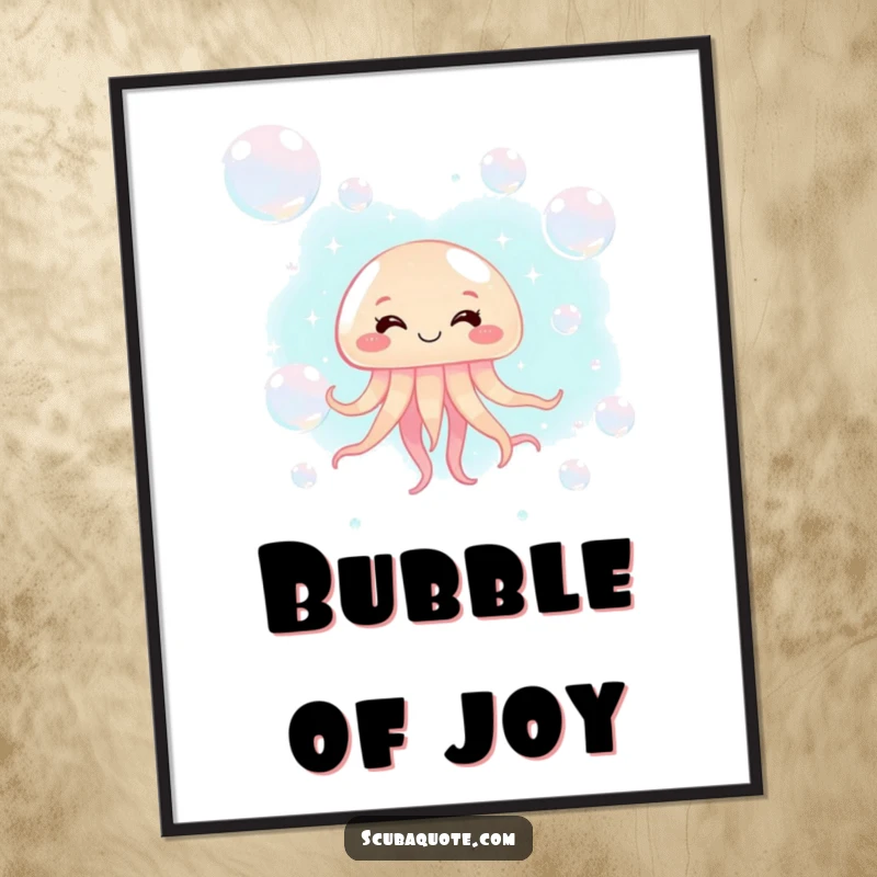 Funny jellyfish poster featuring a giggling jellyfish surrounded by shimmering bubbles, adding whimsical charm to walls.