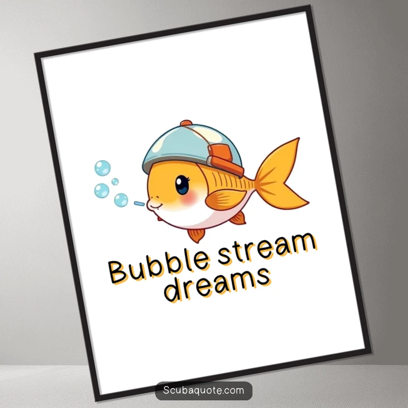 Funny poster featuring a giddy goldfish wearing a tiny helmet, blowing a stream of bubbles, bringing aquatic joy to walls.