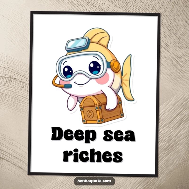 Funny poster art of a smiling fish character in diving gear holding a treasure chest, evoking underwater adventure.