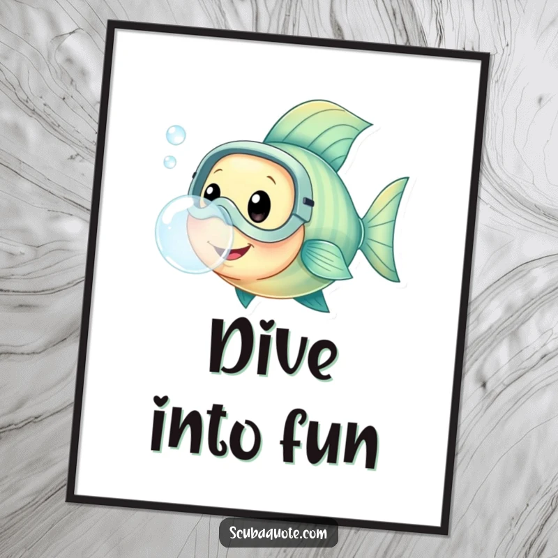 Poster art of a happy fish wearing a diving mask, blowing a large bubble, perfect for underwater-themed decor.