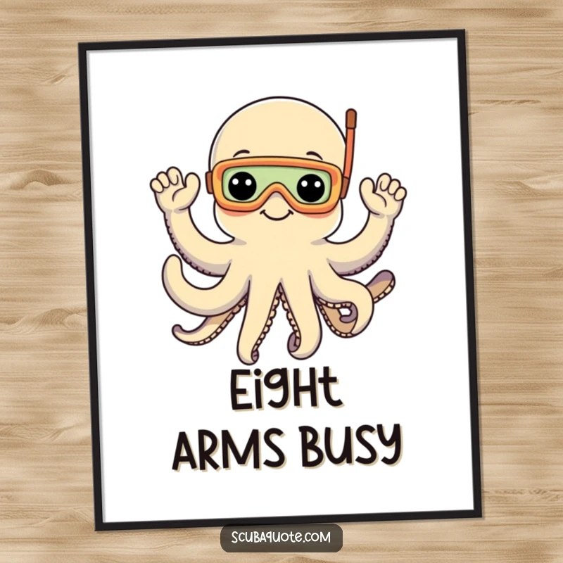 Funny poster featuring a cheerful octopus wearing a snorkel mask, waving with eight arms, bringing underwater joy to walls.