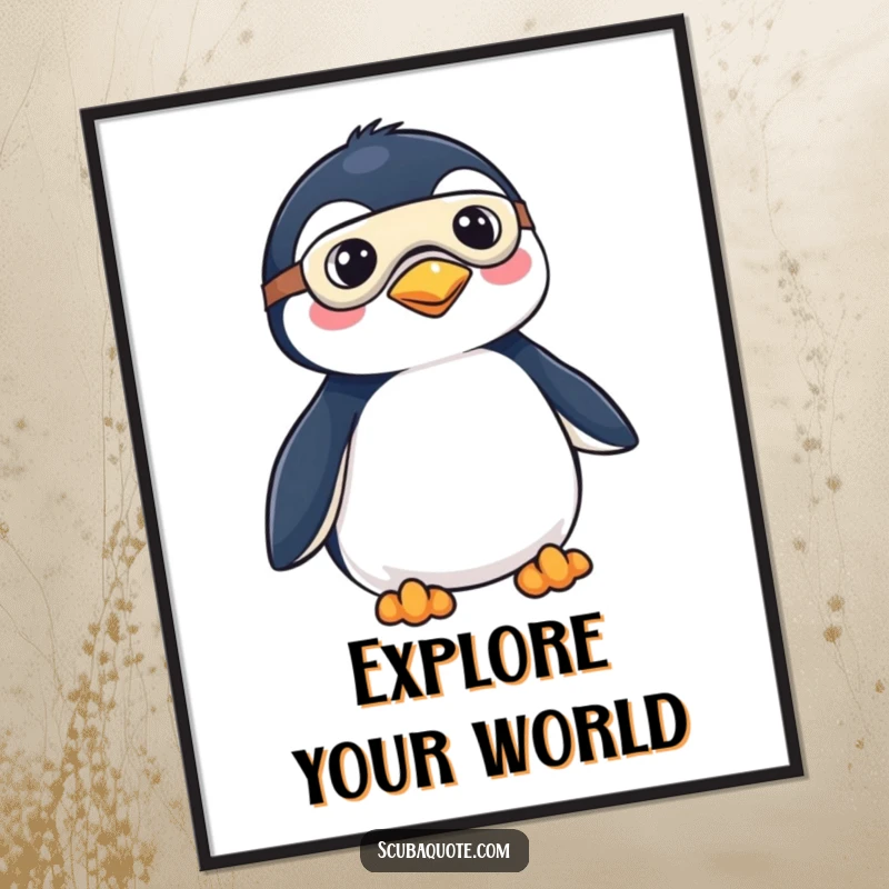 Funny poster featuring a penguin adorned with a mask and fins, looking eager and ready to dive into exciting aquatic adventures.