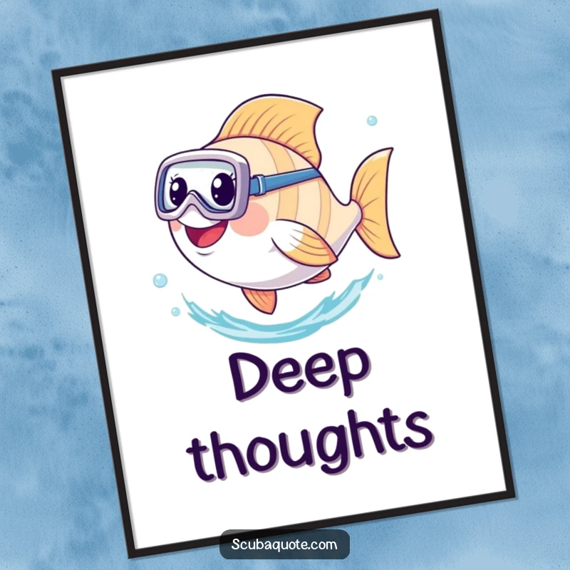 Funny poster art of a jubilant fish with a diving mask, kicking its tail energetically as it swims through vibrant blue water.