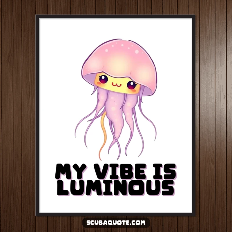 Funny glowing jellyfish poster, depicting a curious creature's soft, internal light, adding whimsical humor to decor.