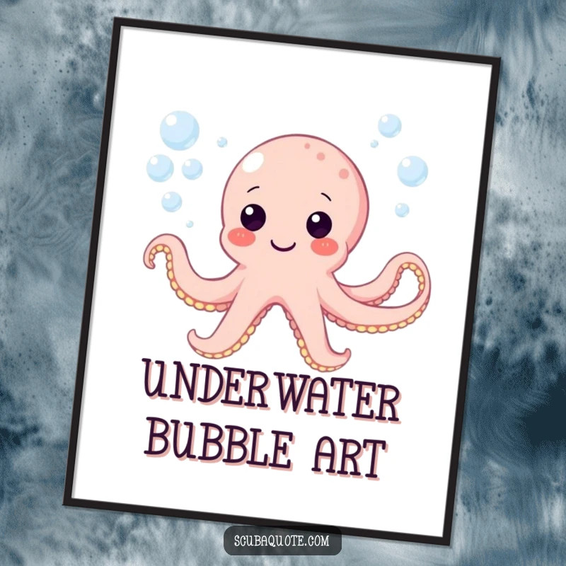 Funny poster art of a happy octopus character creating a cascade of bubbles underwater, symbolizing playful energy.