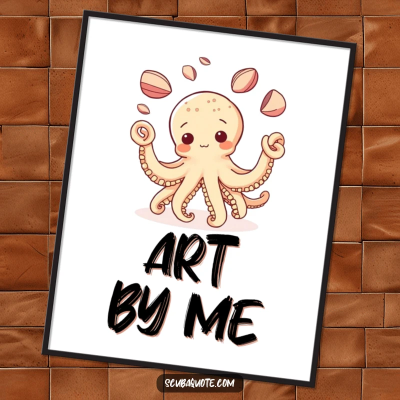 Funny Octopus Poster: A curious octopus with a mischievous grin juggles a sparkling collection of assorted shells, creating visual delight.