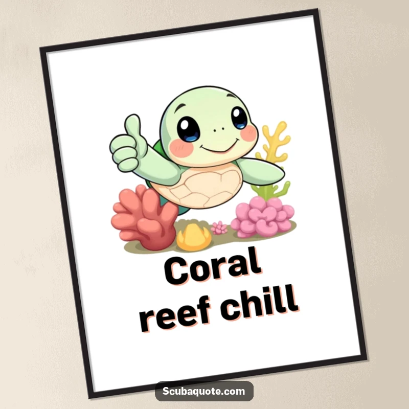 Funny poster art of a cheerful sea turtle giving a thumbs-up near coral, adding positive ocean vibes.