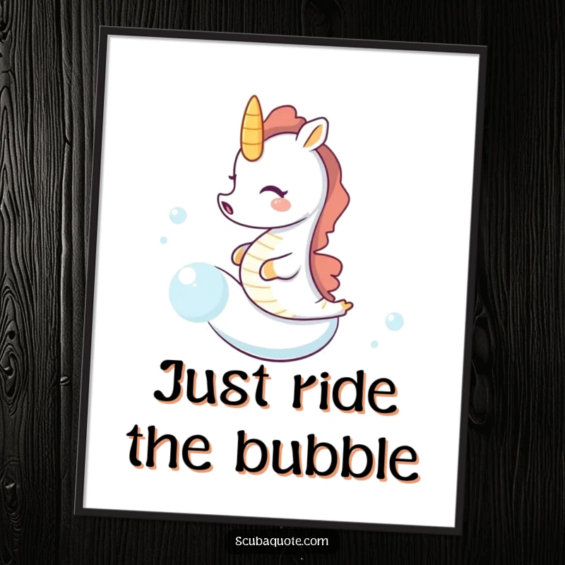 Funny seahorse poster print capturing a tiny seahorse's gleeful giggle while riding a fast-moving bubble, a humorous ocean scene.