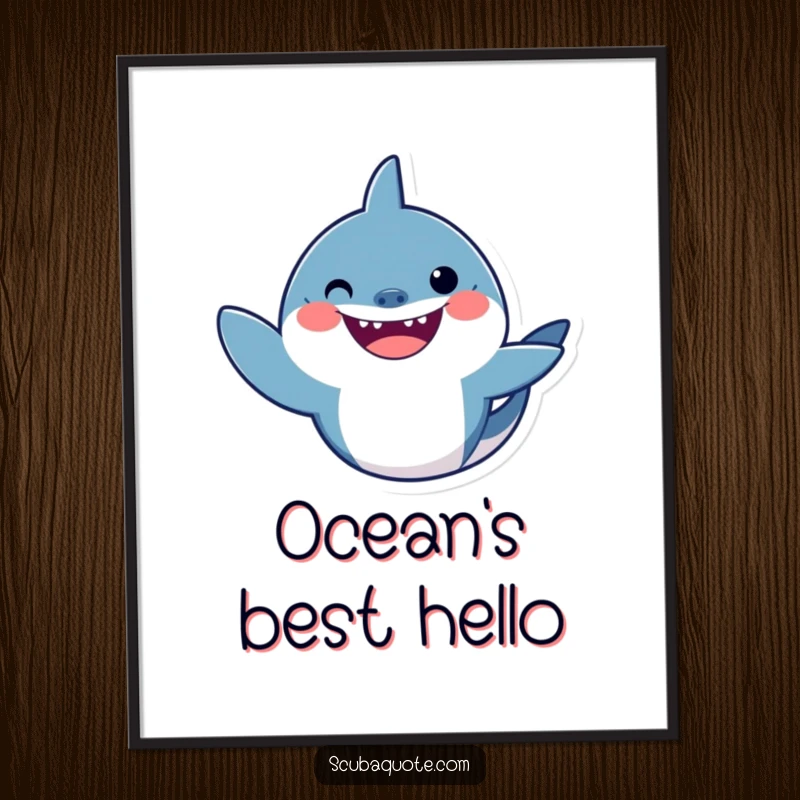 Funny shark poster depicting a happy shark waving its fin, adding a humorous touch to wall decor.