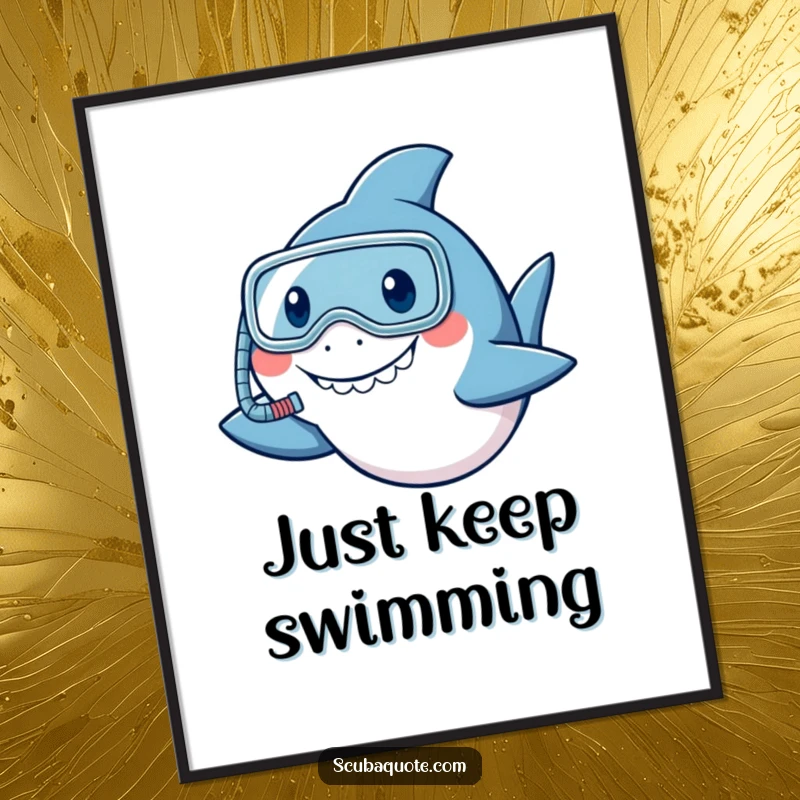 Funny smiling shark poster with a snorkel, giving a friendly nod, perfect for humorous wall art.