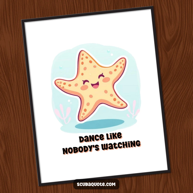 Funny starfish poster showing a happy starfish in a playful underwater dance pose, ideal for wall art.