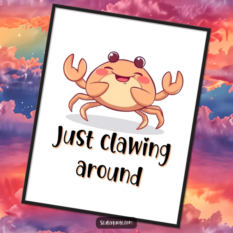 Funny poster showcasing a giggling crab in mid-wiggle, its claws captured in a playful, humorous pose, ideal for vibrant wall art.