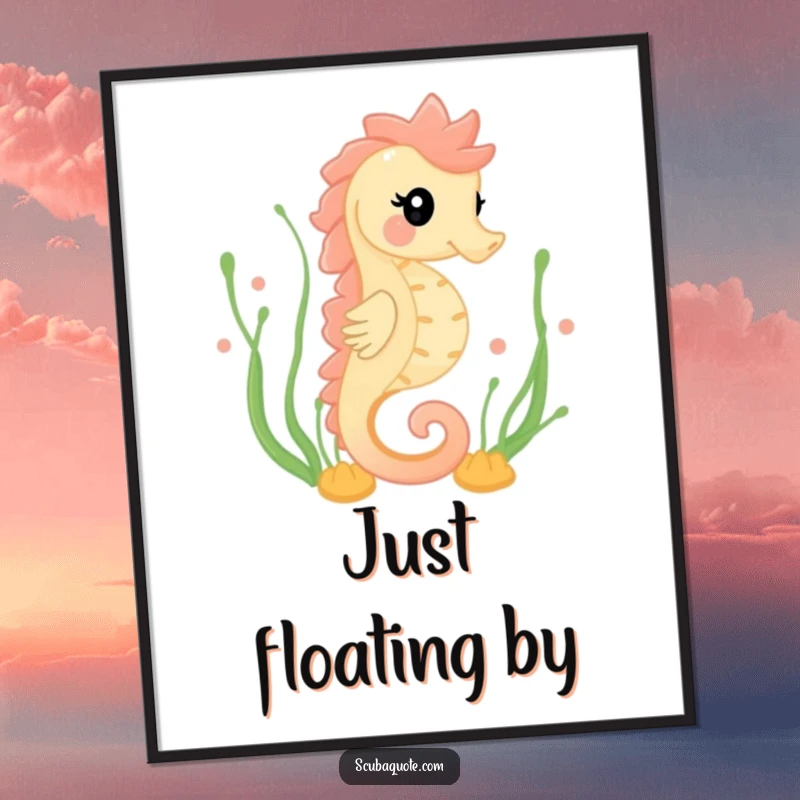 Funny poster of a happy seahorse gracefully swimming amongst seaweed, capturing the serene beauty and gentle movement of the ocean.