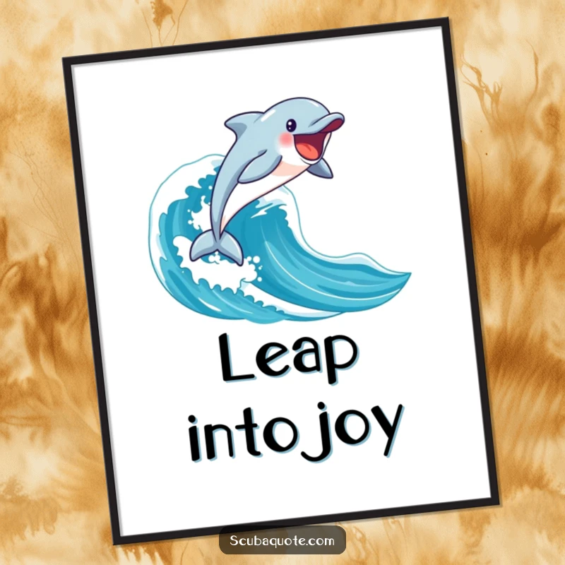 Funny happy dolphin leaping enthusiastically from a blue wave on a vibrant poster, capturing the essence of the ocean.
