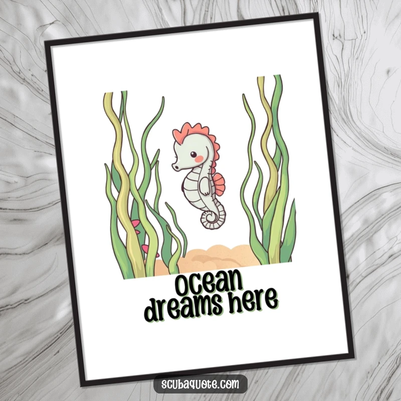 Funny poster depicting a content seahorse gently floating amidst beautifully swaying seaweed, creating a serene and calming underwater scene.