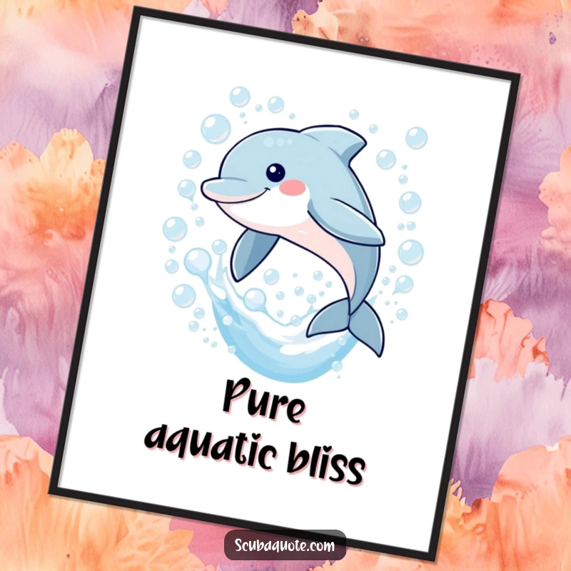 Funny poster of a smiling dolphin gracefully leaping through a beautiful cascade of shimmering bubbles, creating an uplifting aquatic scene.