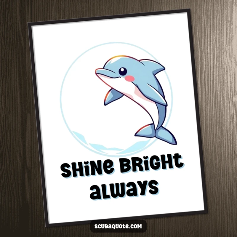 Funny poster art of a playful dolphin leaping through a ring of light, ideal for adding joyful, aquatic wall decor.