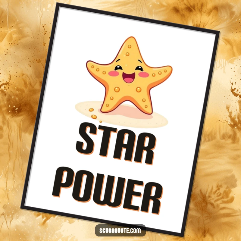 Funny poster art of a delighted starfish performing a joyful wiggle dance on a sandy ocean floor.