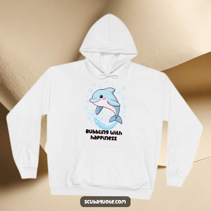 Funny hoodie depicting a happy dolphin mid-leap through a stream of bubbles, perfect for cozying up with a sense of oceanic wonder.