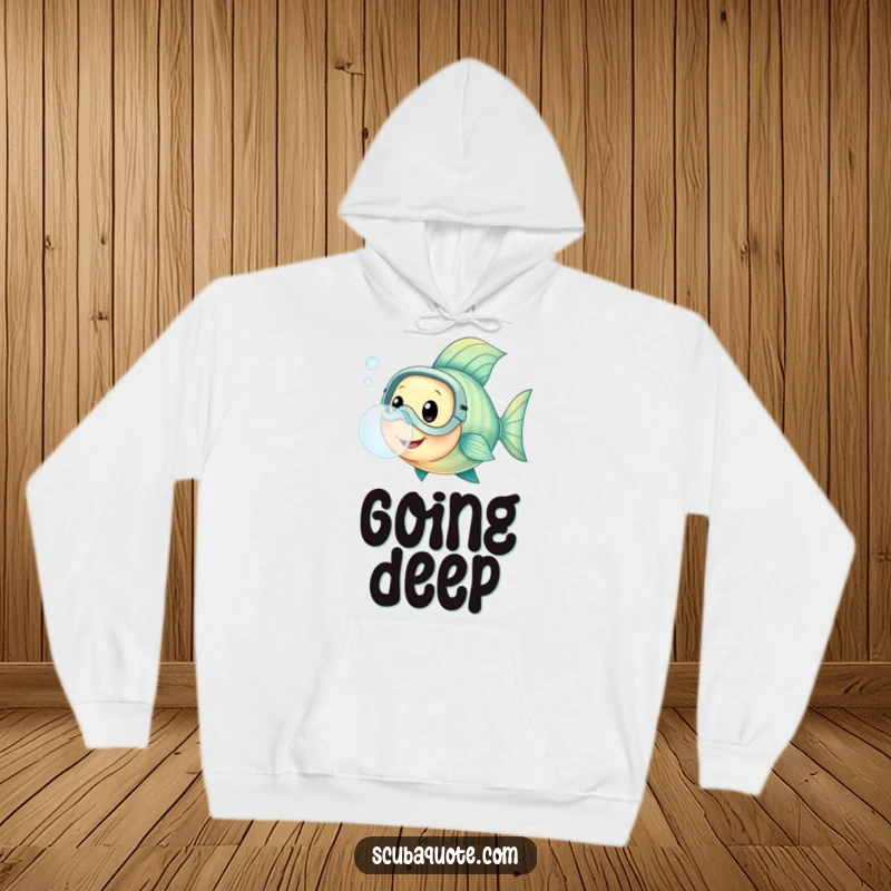 Hoodie showcasing a happy fish wearing a diving mask, blowing a bubble, offering warmth and underwater adventure.