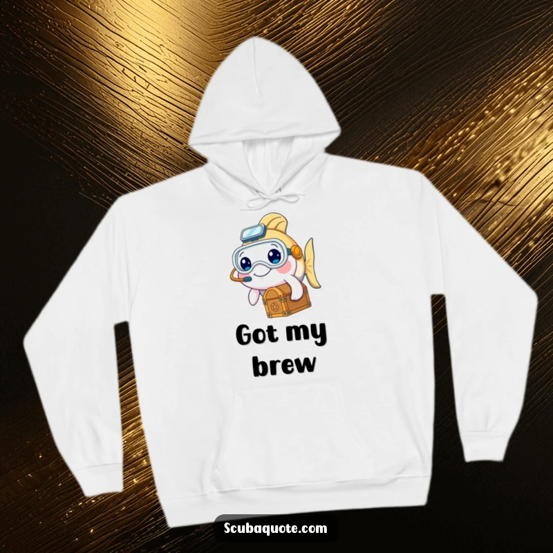 Funny hoodie with a smiling fish in a diving mask holding a treasure chest, perfect for chilly adventures.