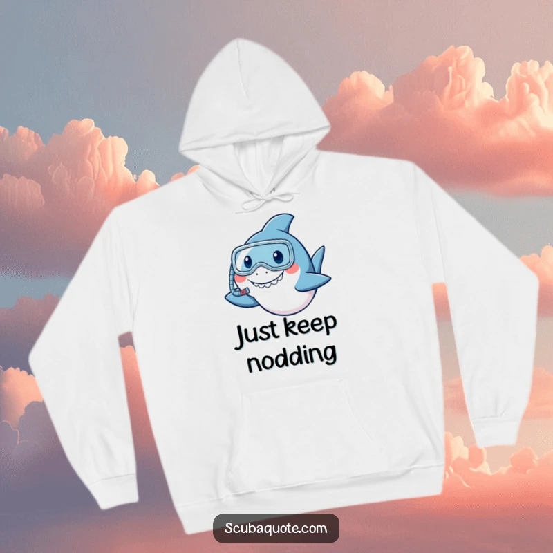 Funny cozy shark hoodie wearing a snorkel, smiling and nodding, bringing warmth and ocean humor.