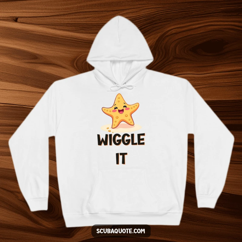 Funny hoodie depicting a delighted starfish performing an energetic and joyful wiggle on the sandy ocean floor.