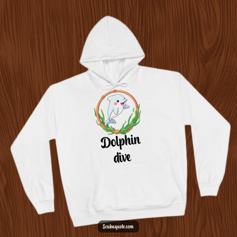 Funny hoodie with a playful dolphin leaping through a seaweed-decorated hoop, offering warmth and aquatic charm.