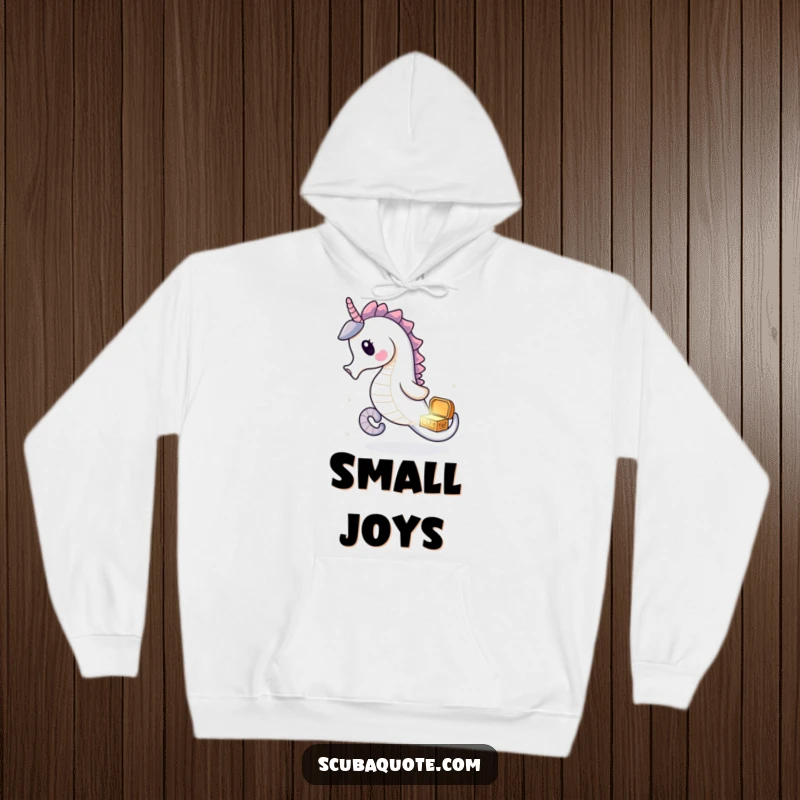 Funny seahorse hoodie with a delighted seahorse chasing a treasure chest, perfect for cozy exploration.