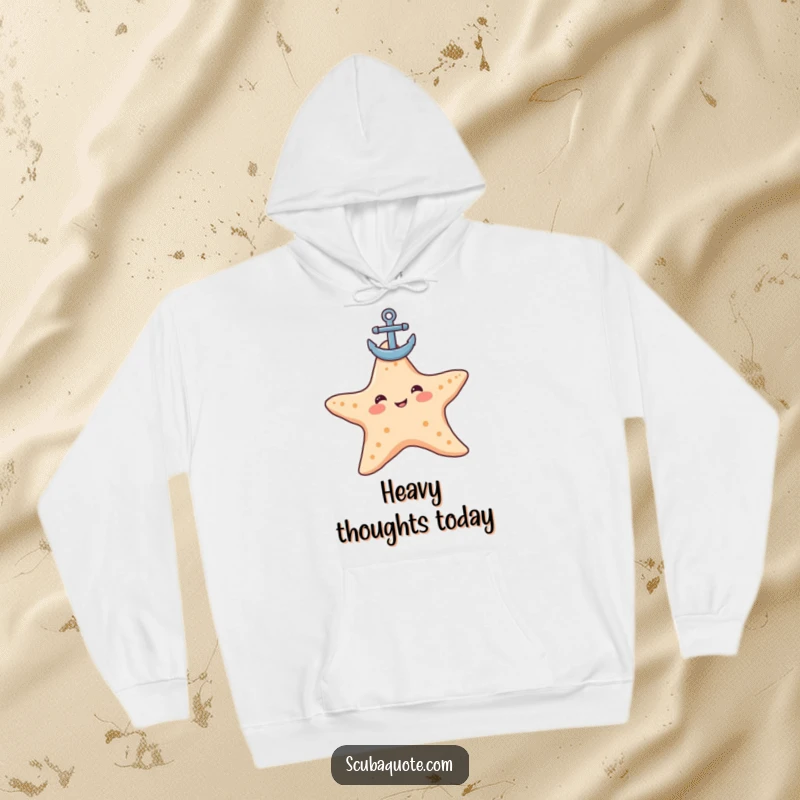 Funny starfish hoodie depicting a contented starfish balancing a small anchor on its head, combining comfort with coastal humor.