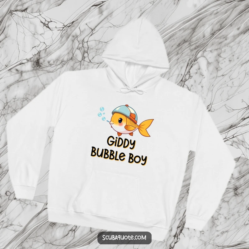 Funny hoodie with a giddy goldfish wearing a tiny helmet, blowing a stream of bubbles, perfect for fish enthusiasts.