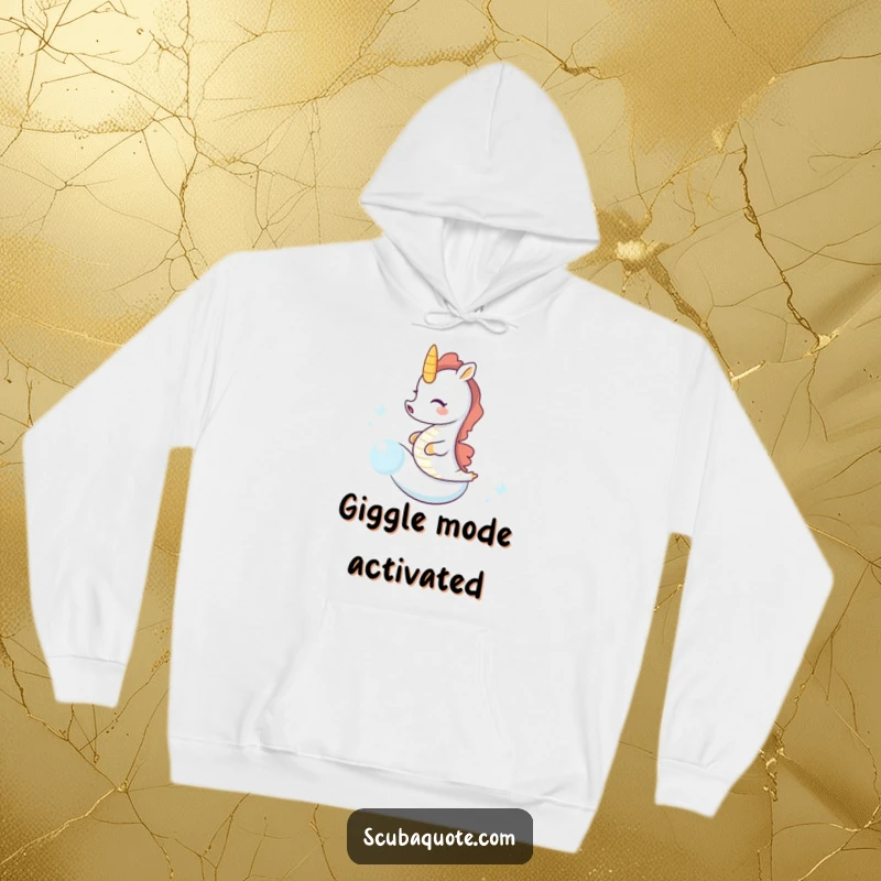 Funny seahorse hoodie depicting a tiny seahorse in mid-giggle, riding a speedy bubble, bringing a splash of humor to your day.