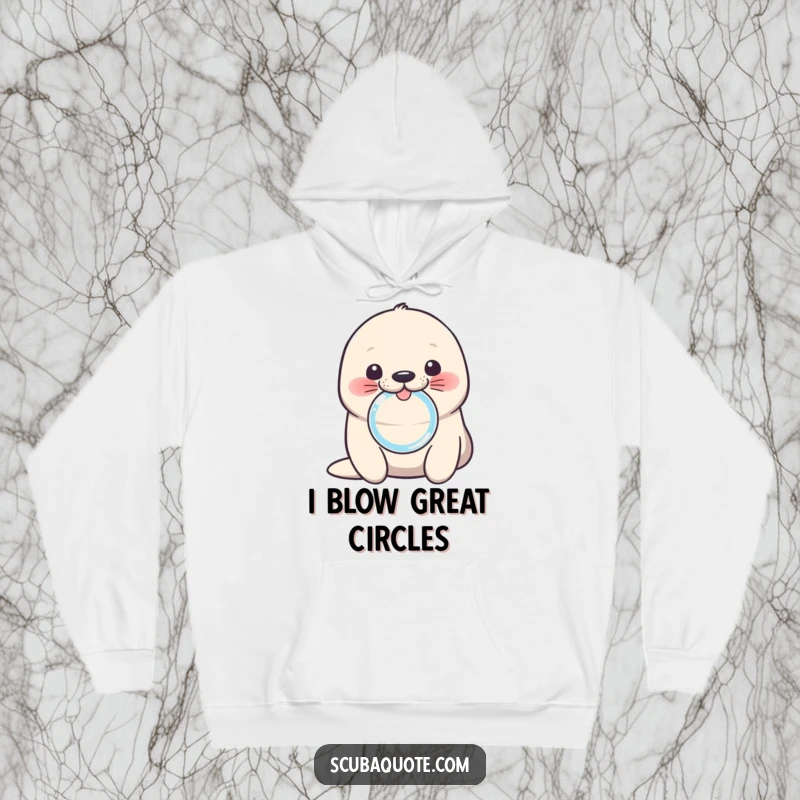 Funny seal hoodie with a cute pup blowing a bubble ring, ideal for cozy comfort and adorable marine humor.